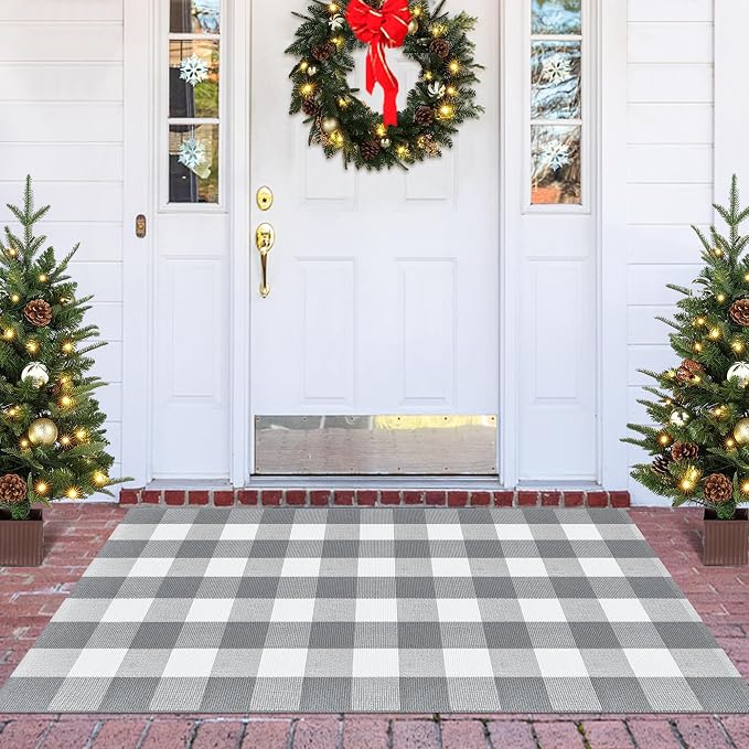 Buffalo Plaid Rug 3x5 Cotton Woven Buffalo Check Rug Grey and White Checkered Outdoor Rug Washable Indoor Outdoor Area Rug Layered Front Door Mats Carpet for Farmhouse Entryway Living Room Bedroom