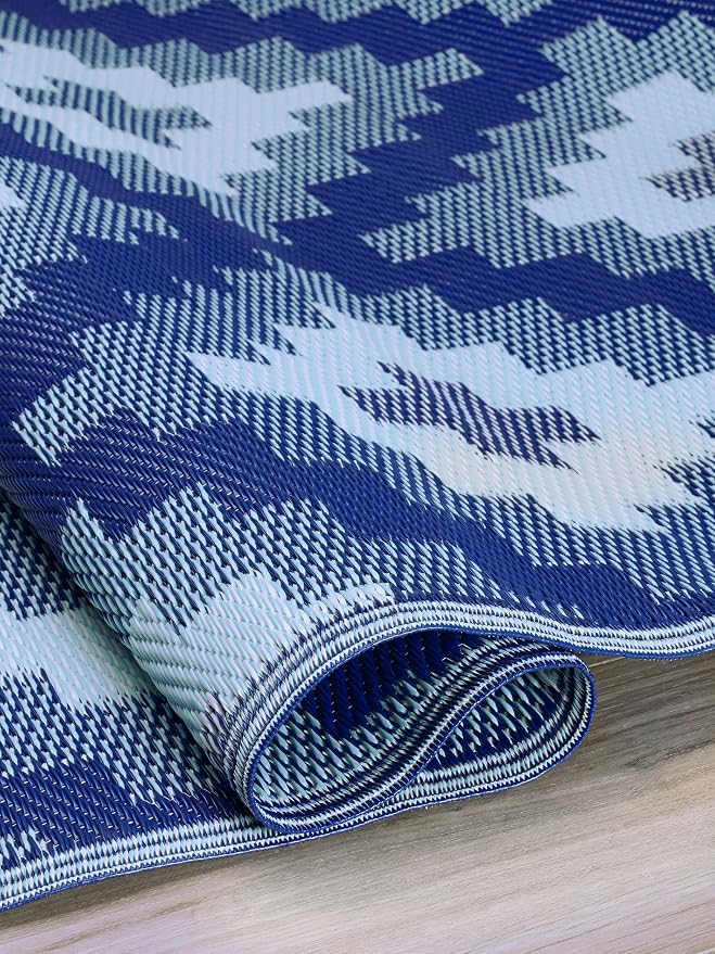 FH Home Outdoor Camping Rug - Waterproof, Fade Resistant, Reversible - Premium Recycled Plastic - Geometric - Large Patio, Deck, Sunroom, RV - Aztec Kilim - Blue Multi - 9 x 12 ft Foldable