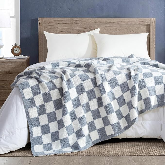 Elegant Comfort Checkered Throw Blanket, Gray Super Soft Cozy Fluffy Warm Throw Blankets for Couch, Sofa, Chair, Bed, Camping, Picnic, Travel Lightweight Bed Blanket (50" x 70")