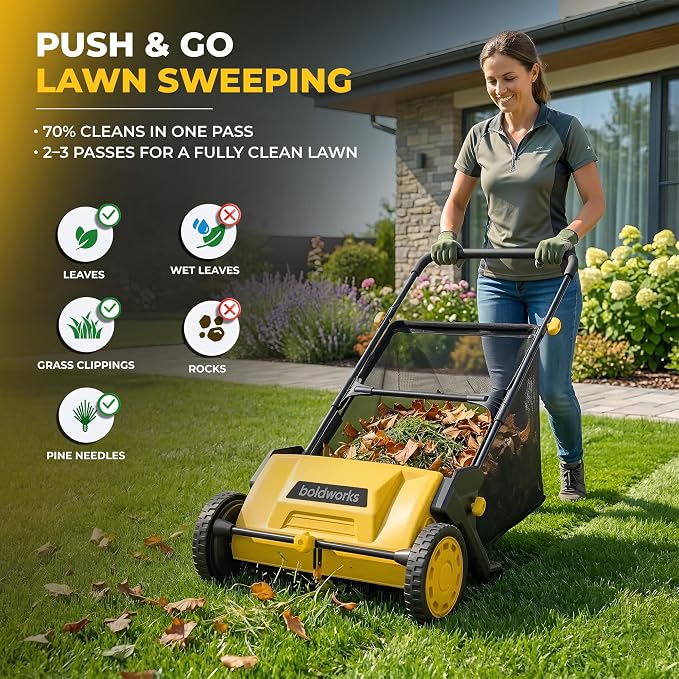 Push Lawn Sweeper Yard Leaf Collector 21" Leaves Picker for Grass Cleanup | Large 103L Hopper Bag Adjustable Sweeping Height Easy Storage Design Picksup Leaves Grass Clippings and Small Twigs