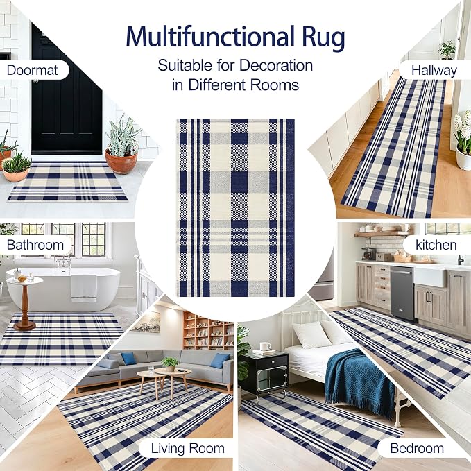 Buffalo Plaid Outdoor Rug 2x3 Navy and Off White Cotton Woven Area Rug Front Porch Mats Washable Indoor Outdoor Doormats Carpet for Entryway Farmhouse Decor