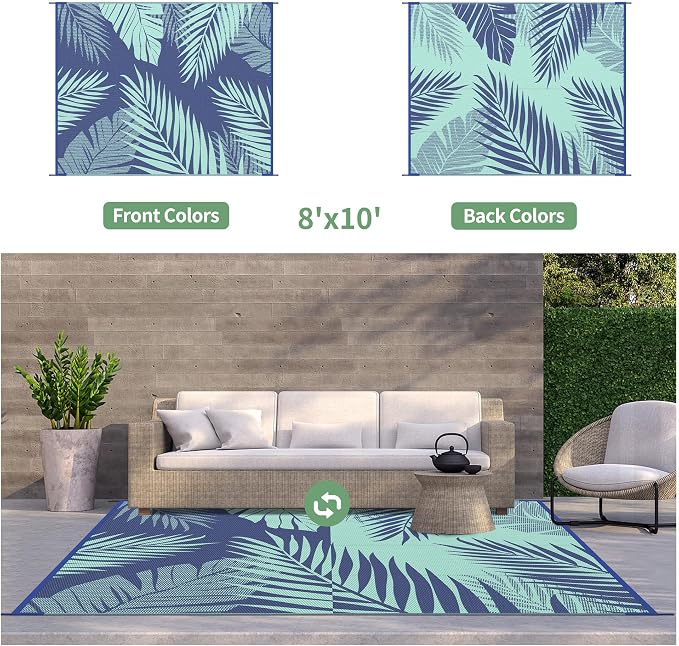 GENIMO Outdoor Rug, Waterproof Plastic Rugs for Patio, 8'x10' Navy Green | Outside Larger Leaf Carpet Mat for Porch Decor, Deck, Balcony, Camping, RV, Backyard, Picnic, Beach, Reversible, Foldable