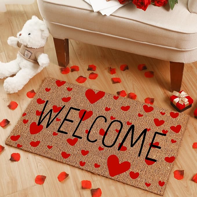 Ceenna Valentine's Day Doormat Outdoor Valentine's Coir Doormat with Non-Slip Backing Red Heart Love Valentines Day Outdoor Mat Front Porch Rugs for Home Entrance, 16 x 28 Inches