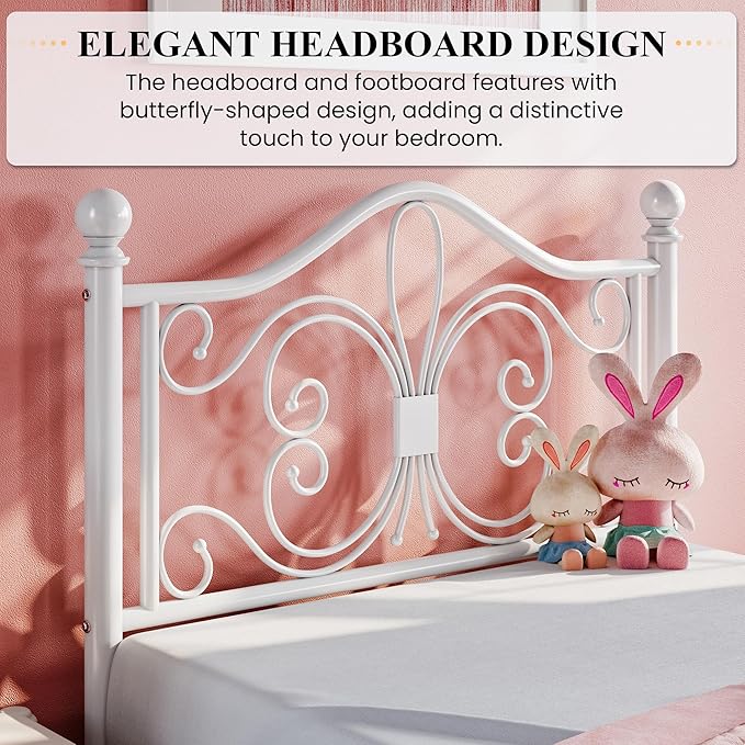 SHA CERLIN Twin Size Metal Bed Frame with Butterfly Headboard, White | Metal Platform Bed for Kids, Wrought Iron-Art Headboard/Footboard, Under-Bed Storage, No Box Spring Needed, Easy Assembly