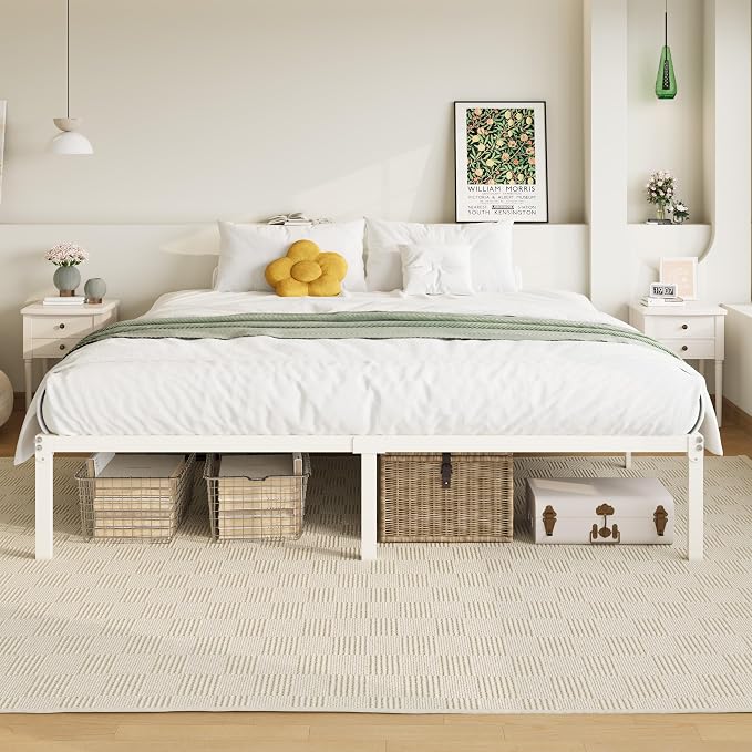 Allewie King Size Bed Frame, 14 inch Metal Beds with Storage Space, Beige | Heavy-Duty Metal Platform Beds, Large Under-Bed Storage Space, No Box Spring Needed, Easy Assembly