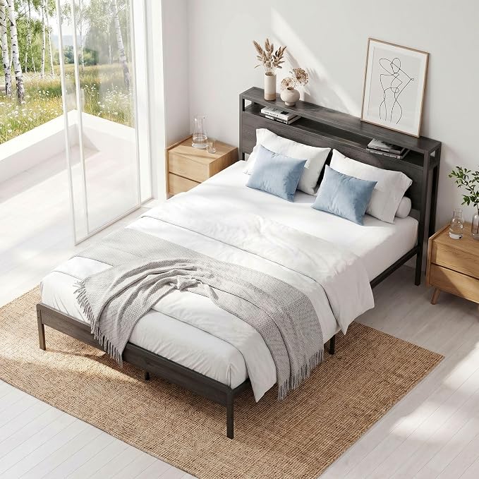 LIKIMIO Full Size Bed Frame with 2-Tier Storage Shelf Headboard | Dark Wood Platform Bed, Camas Full with Strong Metal Supports, Sturdy, Noise-Free, No Box Spring Needed, Grey