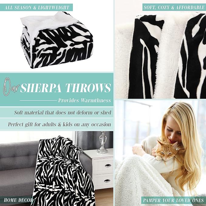 Elegant Comfort Throw Blanket, Reversible Sherpa Flannel, Ultra-Soft, Fuzzy, Cozy and Plush- All Season Lightweight Decorative Throw, 50 x 60 inches, Animal Print Design Sherpa Throw, Zebra