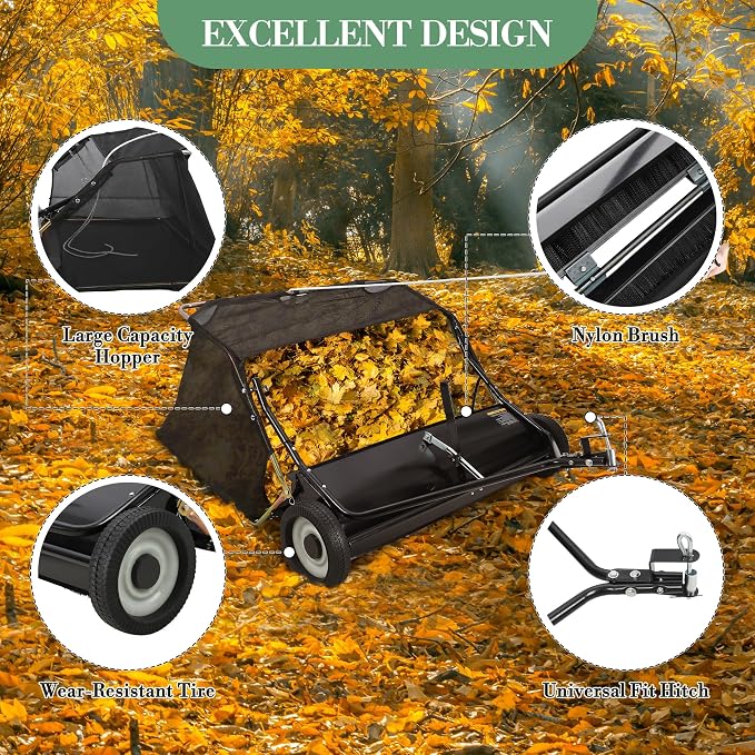 50in Tow-Behind Lawn Sweeper 12 Cu.ft Capacity Leaf & Grass Collector | Adjustable Height, Universal Hitch, Easy Dump