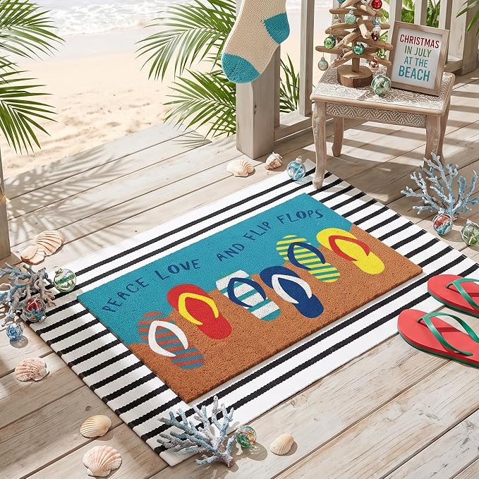 Moucuny 2 Pcs Summer Coir Doormat Outdoor, 16'' x 28'' Beach Mats Peace Love and Flip Flops Welcome Mats, 24'' x 35'' Non-Slip Outdoor Black White Stripe Layered Rug for Porch Front Entryway Decor