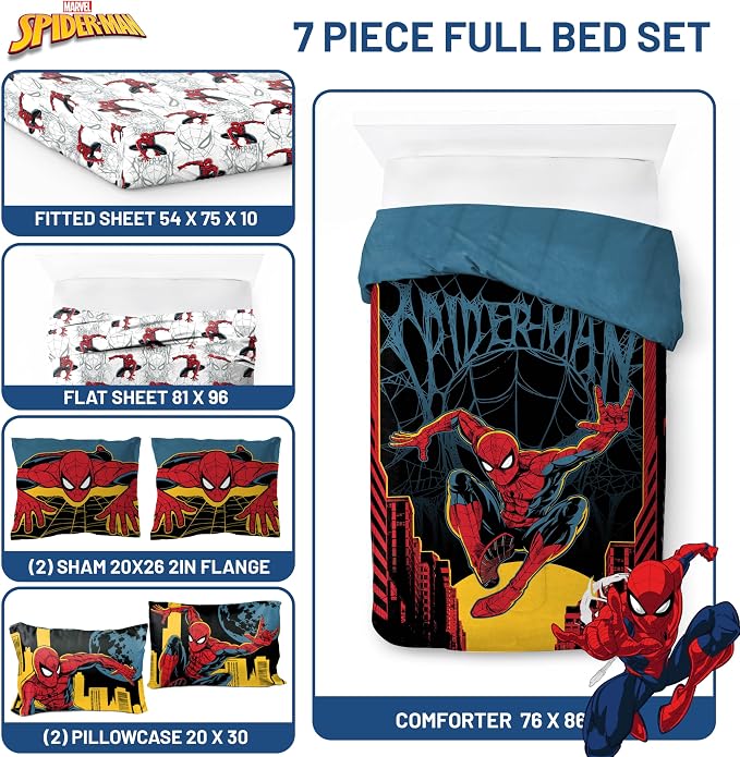 Jay Franco Kids Comforter Set Includes Sheets and Pillow Covers - Soft and Cozy Bed Set for Stylish Room Decor, Official Licensed Bedding, Black - Spiderman, 7 Piece Full