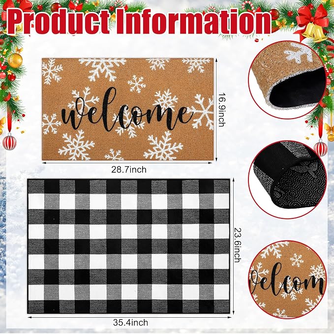Tinideya 2 Pcs Winter Door Mat Outdoor Snowflake Welcome Mats for Front Door Non Slip Winter Coir Doormat Layering Black White Check Rug for Outside Front Porch Entryway Decor