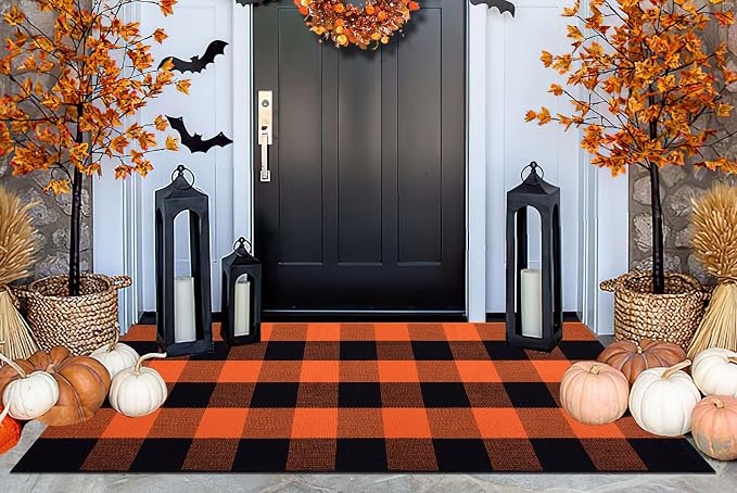 Orange and Black Outdoor Rug 24''x51''Fall Front Porch Rug Cotton Woven Washable Checkered Door Mat Outdoor for Layered Doormat Halloween Kitchen Farmhouse Entryway