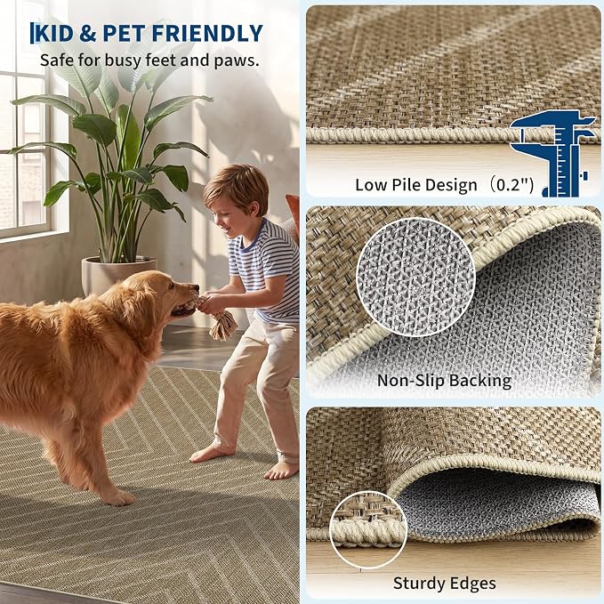 Garvee Washable Easy Jute Living Room Rug - Striped Outdoor Rugs 9x12 for Patio, Large Farmhouse Indoor Outdoor Carpet, Non Slip Low Pile Stain Resistant Carpet for Bedroom Dining Room 9'x12'