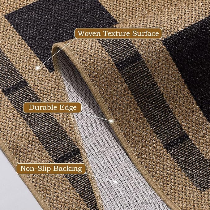 5x7 Checkered Jute Outdoor Rugs, Washable Rug for Living Room Bedroom Patio | Modern Indoor Carpet, Non Slip Farmhouse Design Neutral Geometric Office Porch Balcony Dining Room Mat, Black and Brown