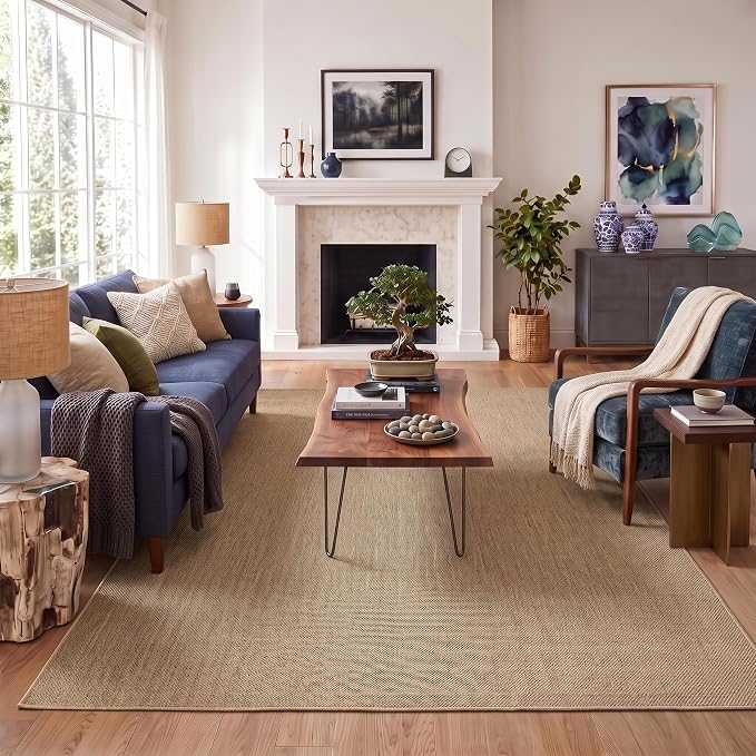 GarveeHome 5x7 Washable Area Rug for Bedroom Non Slip Easy Jute Rugs | Modern Easy Jute Living Room Rugs Neutral Bordered Stain Resistant Indoor Throw Carpet for Nursery Kitchen Entryway, Jute