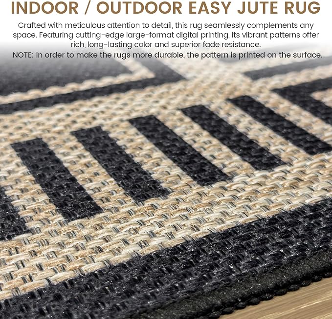 Washable Striped Easy Jute Runner Rug 2x6, Black Modern Geometric Outdoor Indoor Patio Bordered Rug, Woven Non Slip Thin Neutral Long Runner Carpet for Hallway Kitchen Entryway Porch Farmhouse
