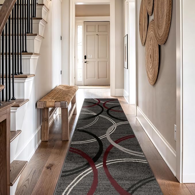 Rugshop Wavy Circles Modern Non-Shedding Runner Rug Red 2'7" x 10' | Rectangular, Size 2'7" x 10', Living Room, Bedroom, Dining Room, Home Office, Kitchen, Entryway, Hallway, Nursery, Kids Room