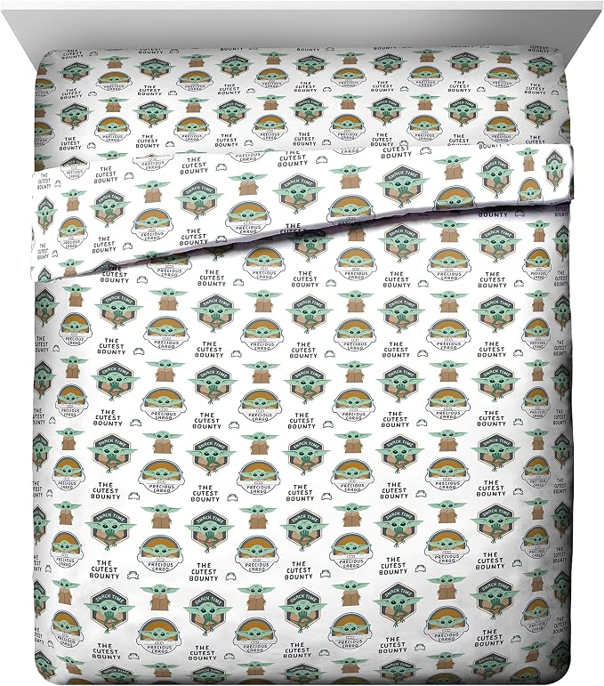 Star Wars Mandalorian Grogu Queen Comforter Set 5 Piece Bedding, Gray | Baby Yoda, Comforter Sheets Pillowcases, Official Product, Soft Microfiber, Machine Washable, Easy Care, Kids Gift