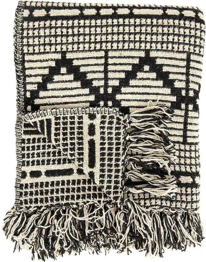 Bloomingville Soft Reclaimed Cotton Blend Throw with Diamond Pattern and Fringe, Black and Beige