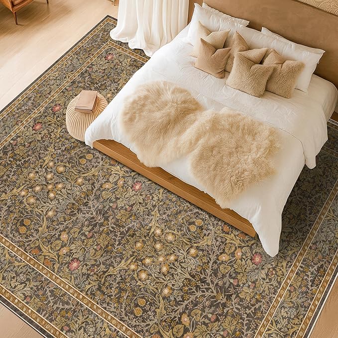 Boho 7x9 Brown Rug for Living Room - Washable Oriental Area Rug for Dining Room Under Kitchen Table, Non-Slip Floor Carpet for Bedroom Under Bed - Vintage Design & Stain Resistance