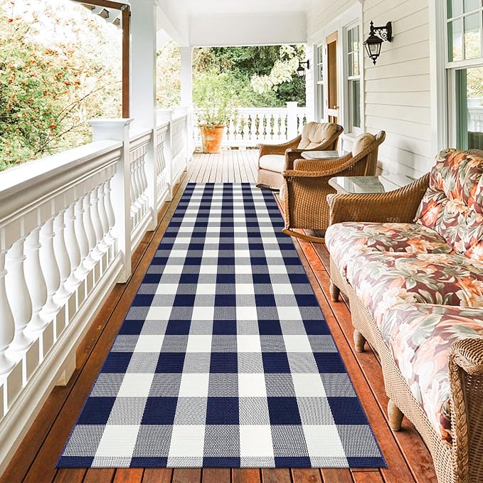Buffalo Plaid Runner Rug 3x10 Feet Navy and White Checkered Runner Rug Cotton Woven Farmhouse Floor Mat Washable Rugs for Hallway Kitchen Laundry Bedroom Living Room