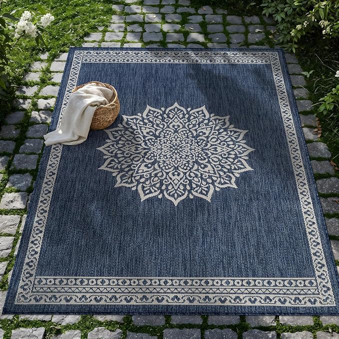CAMILSON Outdoor Rug 9x12 Medallion Blue Modern Large Area Rugs for Indoor and Outdoor Patios Kitchen and Hallway Mats Washable Porch Deck Outside Carpet (Medallion Blue 9 x 12)