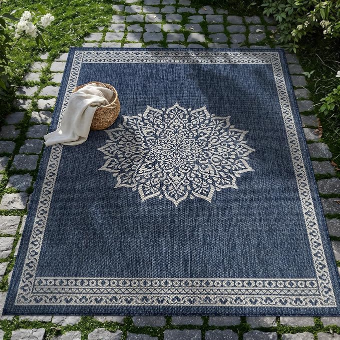 CAMILSON Outdoor Rug 8x10 Medallion Blue Modern Area Rugs for Indoor and Outdoor Patios Kitchen and Hallway Mats Washable Porch Deck Outside Carpet (Medallion Blue 8 x 10)