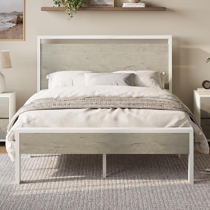 Allewie Queen Size Bed Frame, Heavy Duty 12 Metal Slats Support, White | Wooden Headboard and Footboard, Modern Platform Bed, No Box Spring Needed, Under-Bed Storage, Noise Free, Easy Assembly