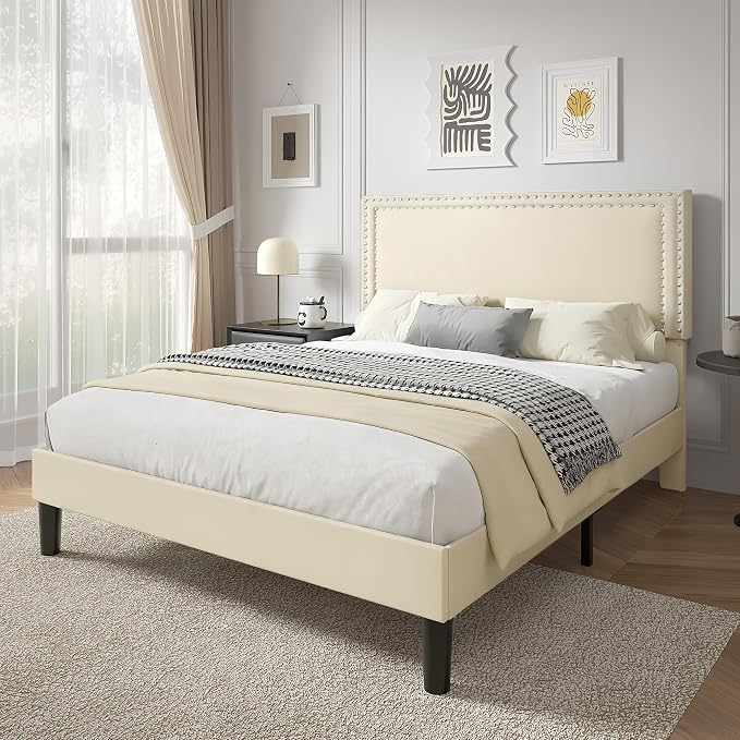 VECELO Queen Size Platform Bed Frame with Height Adjustable Upholstered Headboard, Modern Mattress Foundation,Strong Wood Slat Support, No Box Spring Needed, Easy Assembly,Beige