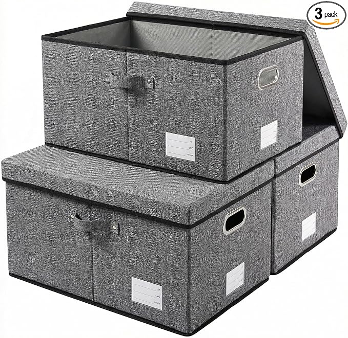 PRANDOM Storage Bins with Lids [3-Pack] Linen Fabric Foldable Storage Boxes Organizer Containers Baskets Cube with Cover for Bedroom Closet Office Grey(23.4X15.9X11.4)