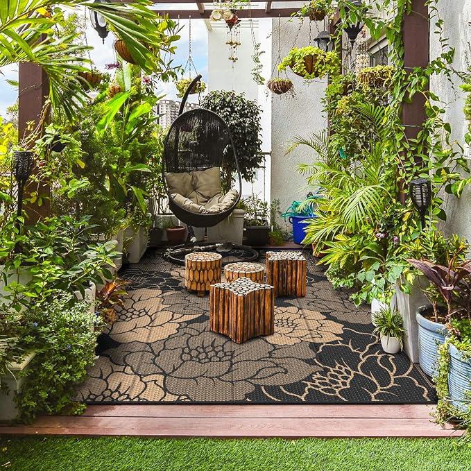 GENIMO Outdoor Rug, Waterproof Plastic Rugs for Patio, 9'x12' Raven Brown | Outside Larger Leaf Carpet Mat for Porch Decor, Deck, Balcony, Camping, RV, Backyard, Picnic, Beach, Reversible, Foldable