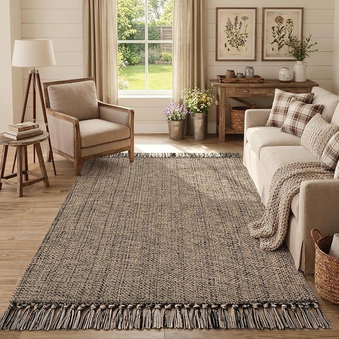 Collive 4' x 6' Bedroom Area Rug, Modern Farmhouse Indoor Outdoor Rugs Boho Living Room Rug, Natural/Black Hand Woven Comfy Bedside Mats Reversible Dining Room Carpet for Nursery Room Patio Decor