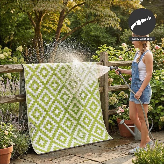 FH Home Outdoor Rug - Waterproof, Fade Resistant, Reversible - Premium Recycled Plastic - Geometric - Patio, Porch, Deck, Balcony - Aztec - Green & White Crease Free - 5 x 8 ft