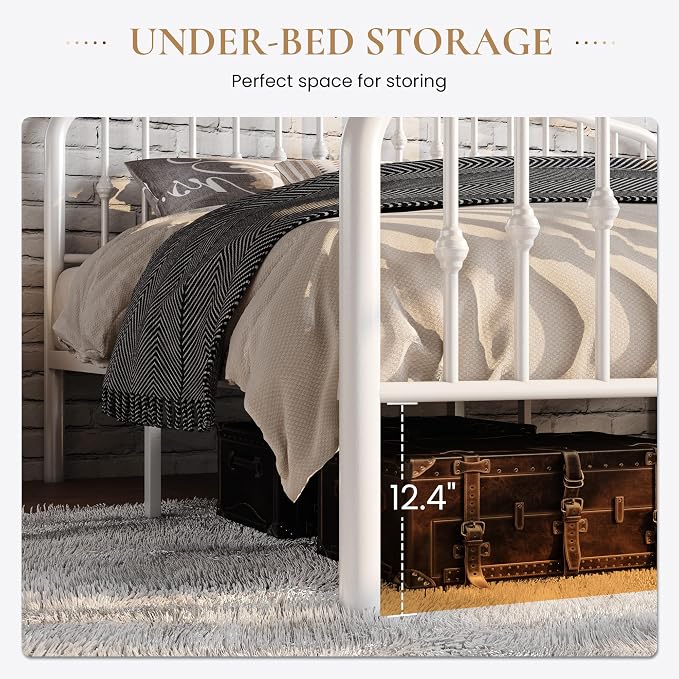 SHA CERLIN Queen Metal Bed Frame with Wrought Iron-Art Headboard, White | Victorian Style Metal Platform Bed Frame, Wrought Iron-Art Headboard and Footboard, Under-Bed Storage, No Box Spring Needed