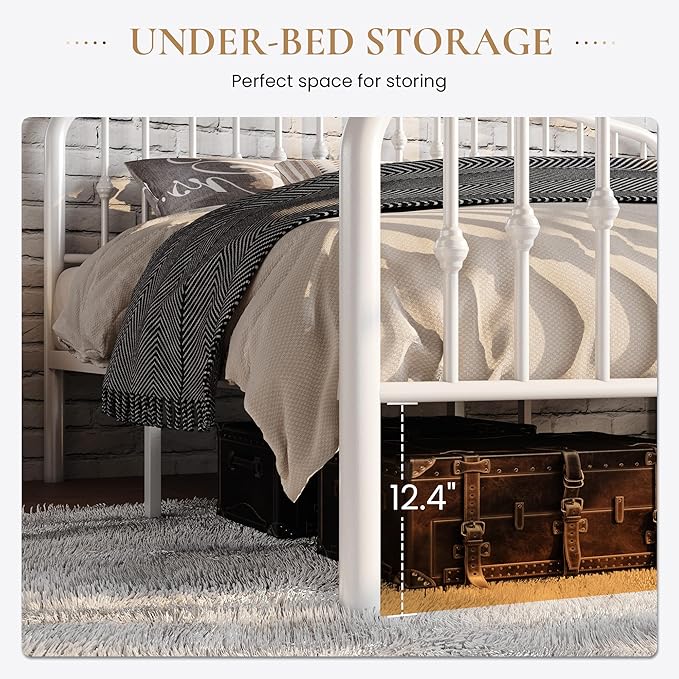 SHA CERLIN Full Size Metal Bed Frame with Wrought Iron-Art Headboard, White | Victorian Style Metal Platform Bed Frame, Wrought Iron-Art Headboard and Footboard, Under-Bed Storage, No Box Spring Needed