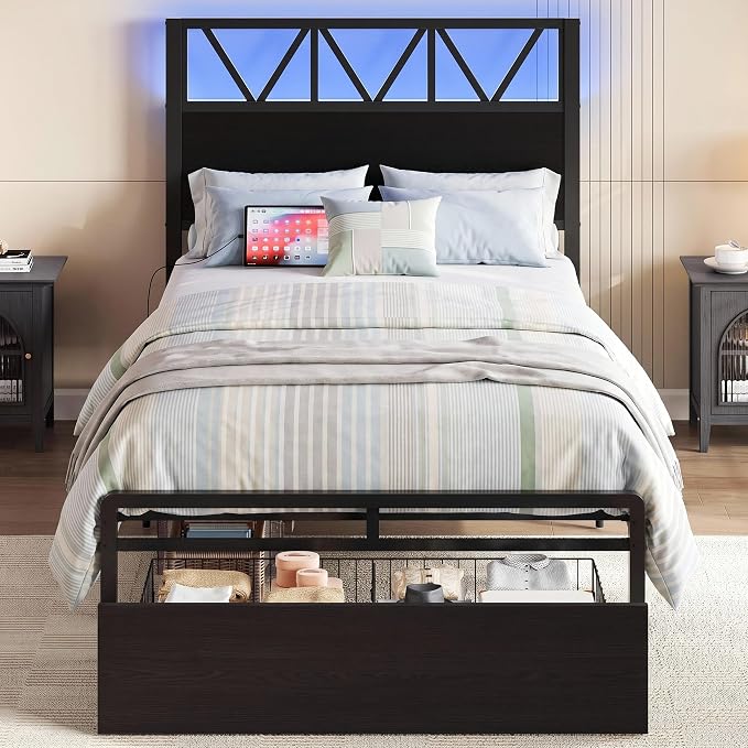 LIKIMIO Twin Bed Frames with Storage Drawer, Lights & Charging Station | Modern Platform Twin Bed Frame with 43" Headboard, Strong Supports, No Box Spring Needed, Easy Assembly, Noise-Free, Black