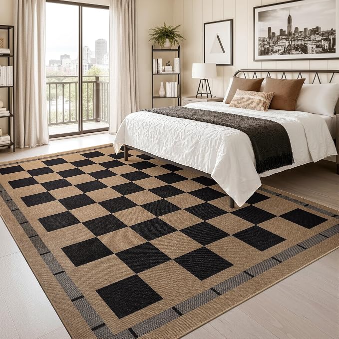 Jute Checkered Rugs, 6x9 Washable Outdoor Patio Rug, Large Living Room Rug | Bedroom Dining Room Indoor Carpet, Non Slip Modern Farmhouse Design Neutral Geometric Porch Classroom Mat, Black and Brown