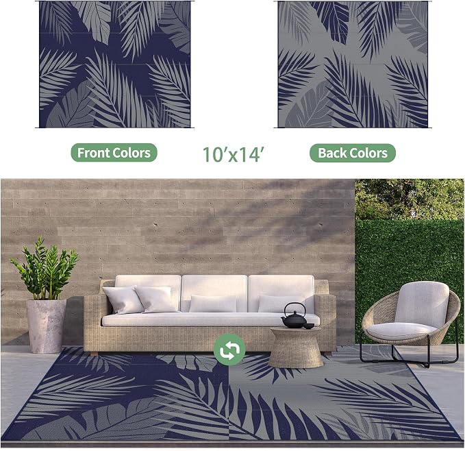 GENIMO Outdoor Rug, Waterproof Plastic Rugs 10'x14' for Camping Blue Grey | Outside Larger Leaf Carpet Mat for Porch Decor, Deck, Camping, RV, Backyard, Balcony, Picnic, Beach, Reversible, Foldable