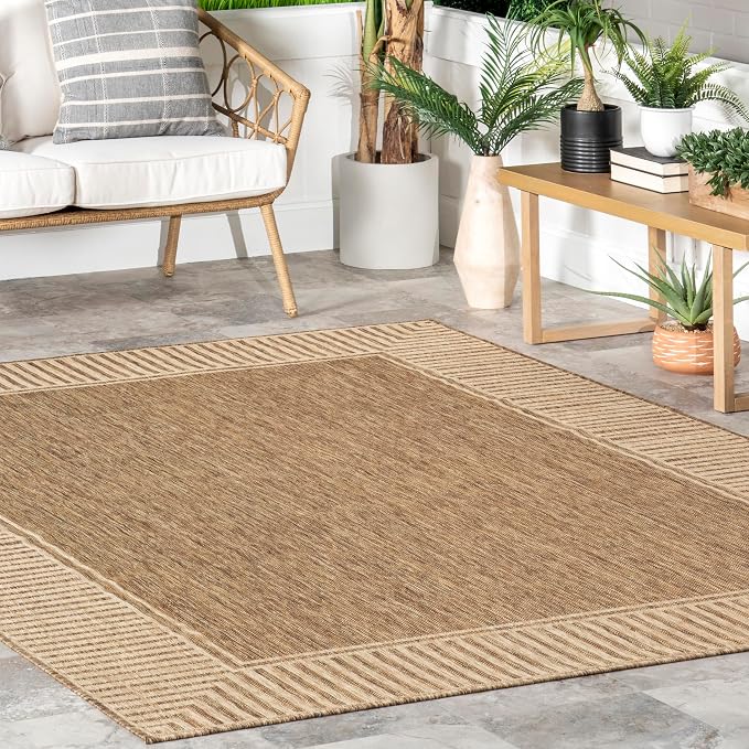 Nuloom Asha Light Brown/Ivory, 2' x 10', Casual, Striped Border, Soft and Cozy, High Traffic, Easy Clean, Durable Runner for Indoor/Outdoor Patio, Deck, Porch, Garden, Courtyard