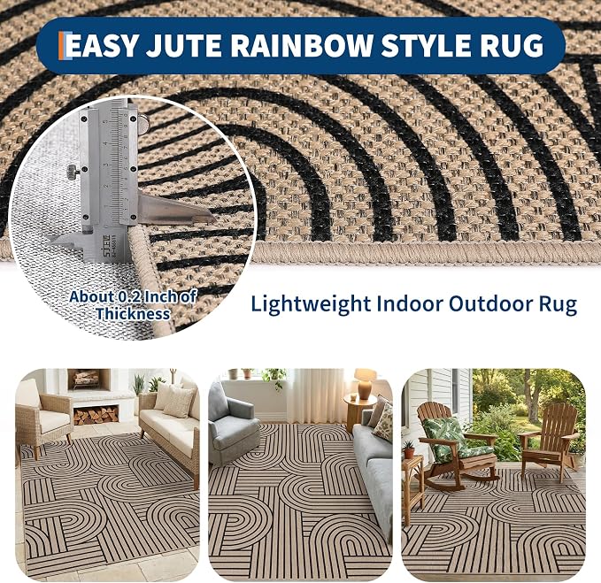 COZYLOOM 5x7 Waterproof Outdoor Patio Rug, Abstract Geometric Striped Easy Jute Rugs for Living Room, Non Slip Non Shedding Modern Area Rug for Entryway, Bedroom, Dining Room, Porch, Natural Color