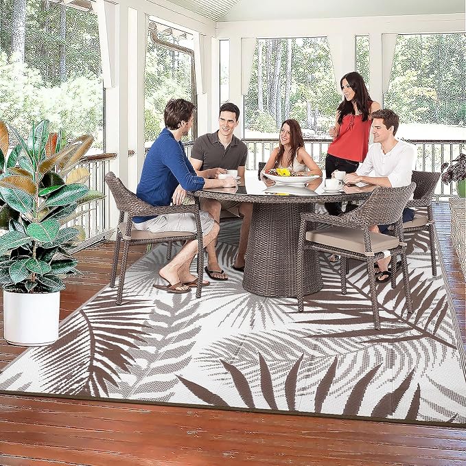 Outdoor Rugs 9'x12' for Patios Clearance Brown Reversible Outdoor Rug, Outdoor Plastic Straw Rug RV Camping Rug Large Outdoor Mat for RV, Patio, Backyard, Deck, Picnic, Beach, Trailer, Camping