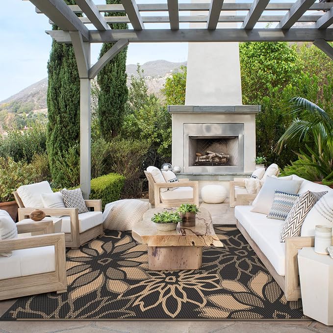 GENIMO Outdoor Rug, Waterproof Plastic Rugs for Patio, 5'x8' Brown | Outside Larger Leaf Carpet Mat for Porch Decor, Deck, Balcony, Camping, RV, Backyard, Picnic, Beach, Reversible, Foldable