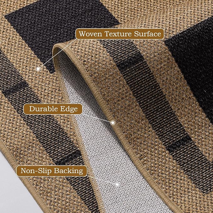 4x6 Outdoor Rug, Jute Checkered Rugs, Patio, Entryway, Balcony Porch Carpet | Washable Indoor Plaid Carpets, Bedroom Kitchen Rug, Non Slip Farmhouse Neutral Laundry Office Floor Mat, Black and Brown