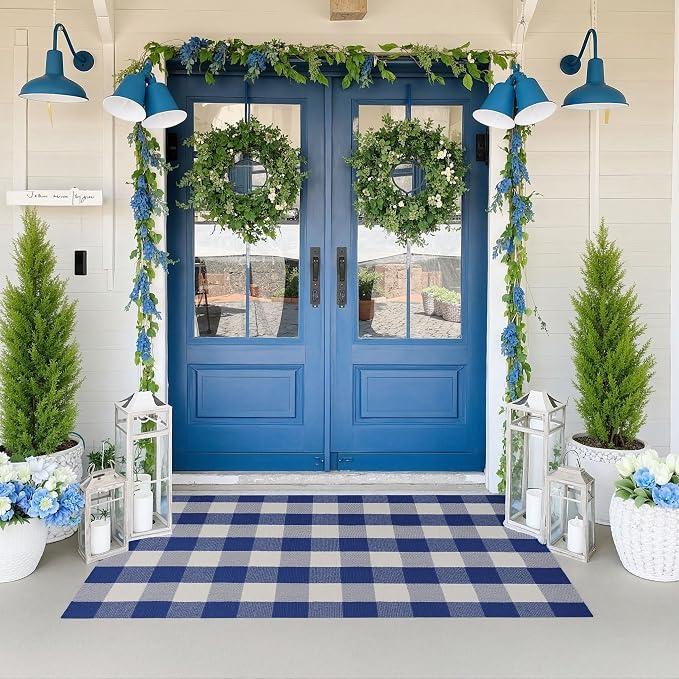 Buffalo Plaid Outdoor Rug 3x5 Ft Blue and White Checkered Area Rug Washable Doormats Indoor Outdoor Rugs for Layered Front Door Mats, Porch, Entryway, Kitchen, Farmhouse