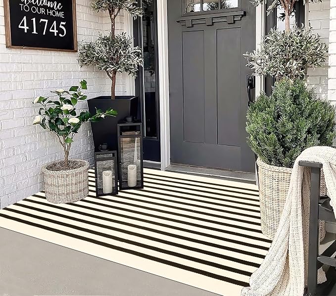 Black and Beige Outdoor Rug 3'x5',Machine Washable Striped Porch Rug Cotton Woven Farmhouse Front Door Mats for Porch/Entryway/Home Entrance Decor/Bedroom/Laundry Room/Patio/Front Door