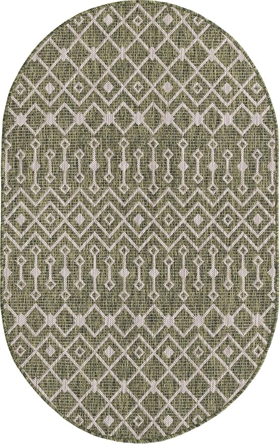 Unique Loom Outdoor Trellis Collection Area Rug - Tribal Trellis (3' 3" x 5' 3" Oval, Green/ Natural)