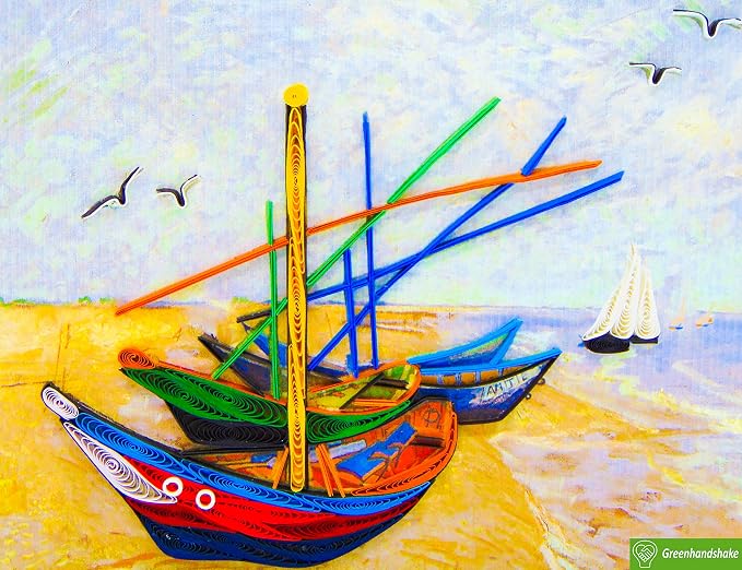 Van Gogh Fishing Boats on the Beach (1888), Quilling Art Greeting Card - Design Greeting Card for Birthday, Valentine's Day, Mothers Day, Spring, Fathers Day, Graduation, Wedding, Anniversary, Thank You, Get Well, All Occasion. Framable Artwork for Art...