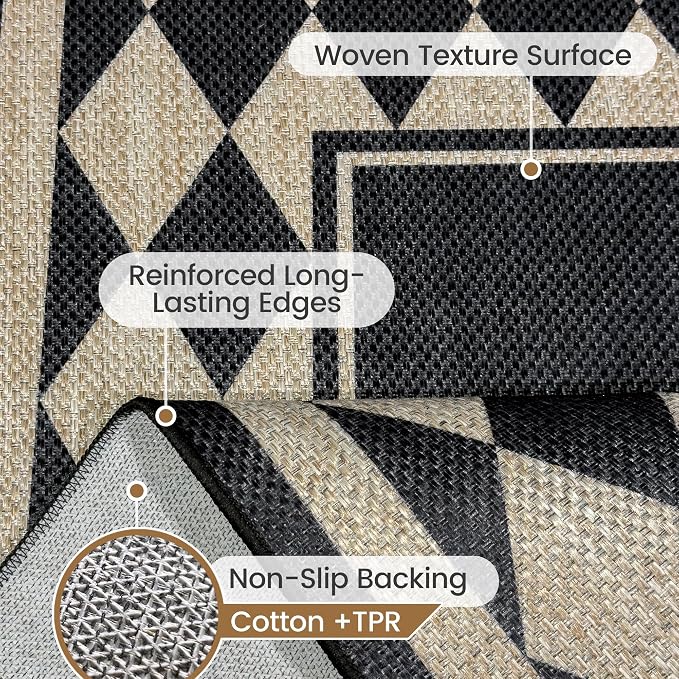 Washable Checkered Easy Jute Runner Rug 2x6, Black Checkerboard Geometric Outdoor Indoor Patio Bordered Rug, Woven Non Slip Thin Neutral Long Runner Carpet for Hallway Kitchen Entryway Porch