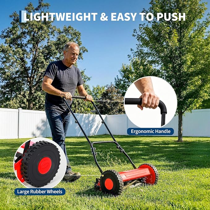 GarveeHome 14-Inch, 5-Blade Quiet Eco-Friendly Hand Push Reel Lawn Mower | Adjustable Cutting Height, Lightweight & Compact, Easy Assembly, Ideal for Small to Medium Yards – Red