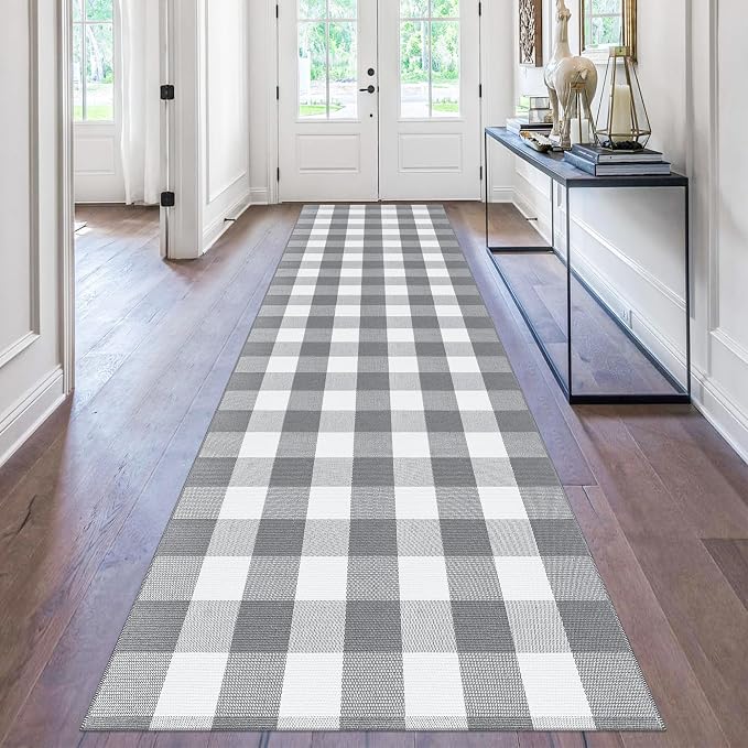 Buffalo Plaid Runner Rug 3x10 Feet Grey and White Checkered Runner Rug Cotton Woven Farmhouse Floor Mat Washable Rugs for Hallway Kitchen Laundry Bedroom Living Room